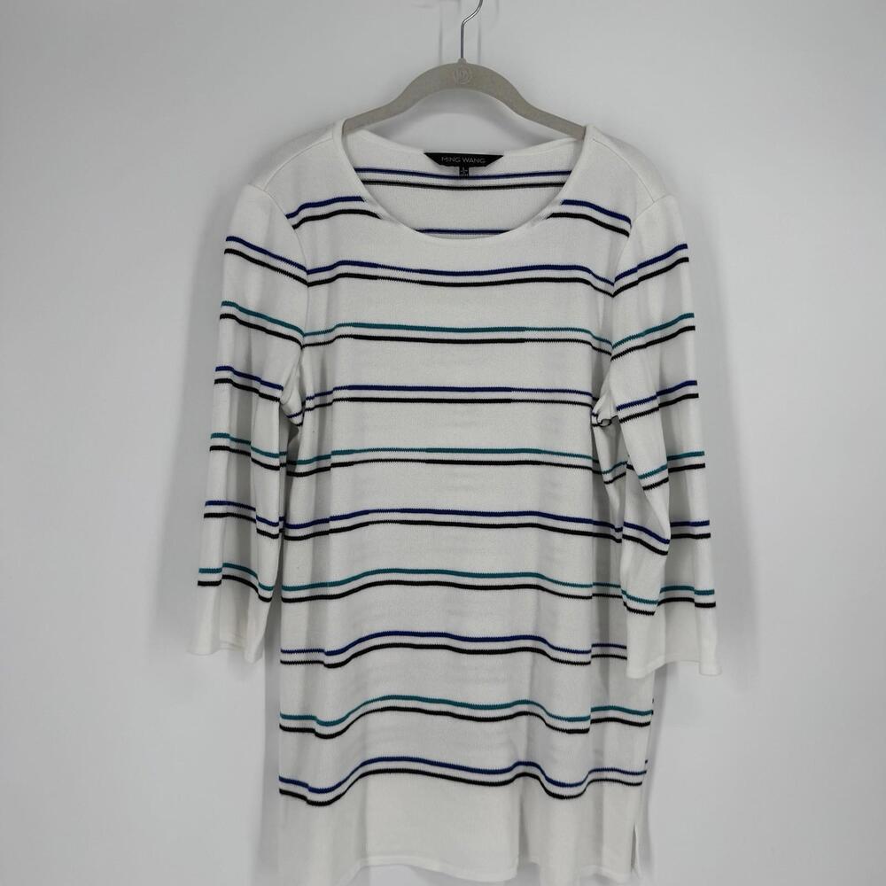 Ming Wang Sweater large L white striped nautical beachy coastal career work
